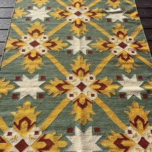 Geometric Patterned Rug in Green and Yellow